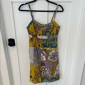 CAbi Green and Yellow Patterned Spaghetti Strap Dress (Size 4)
